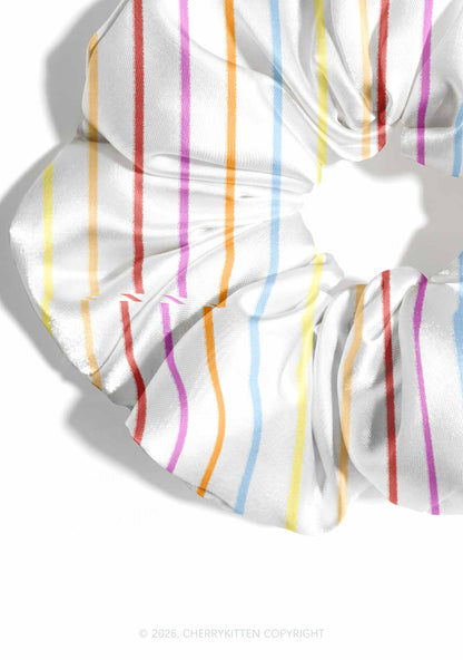 Rainbow Stripe On White Y2K Hair Scrunchie Cherrykitten