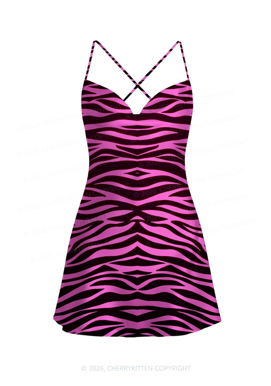 Pink Zebra Y2K Print Satin Cowl Neck Slip Dress Cherrykitten