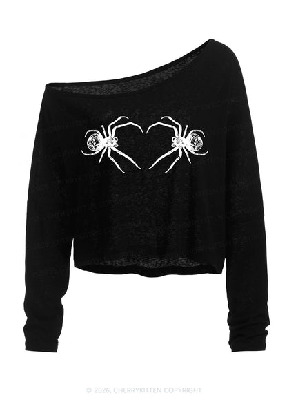 Skull Spider Y2K Off Shoulder Long Sleeve Crop Top Cherrykitten