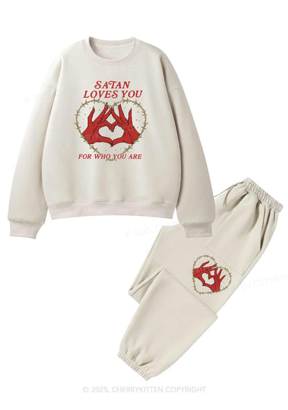 Halloween Satan Loves You Heart Y2K Fleece Sweatshirts Set Cherrykitten