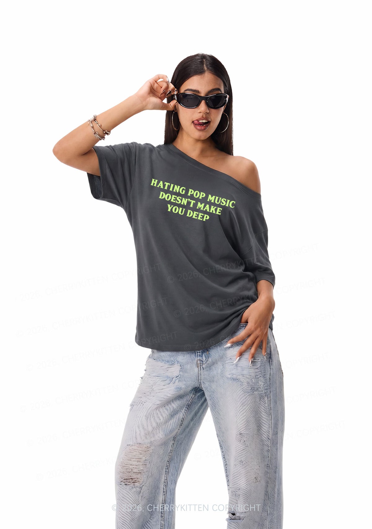 Hating Pop Music Y2K Off Shoulder Tee Cherrykitten