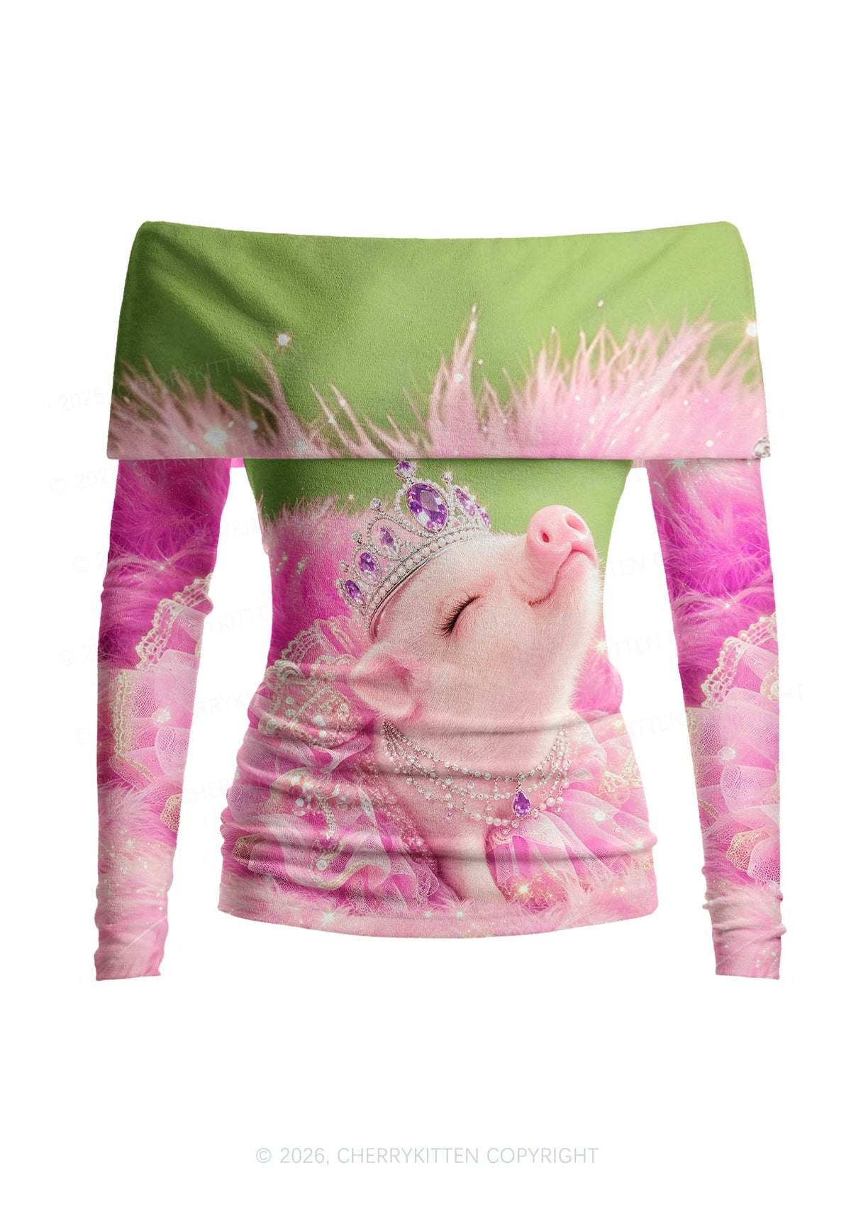 Pink Princess Piglet Y2K Off Shoulder Fold Over Knit Top Cherrykitten