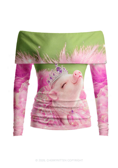 Pink Princess Piglet Y2K Off Shoulder Fold Over Knit Top Cherrykitten