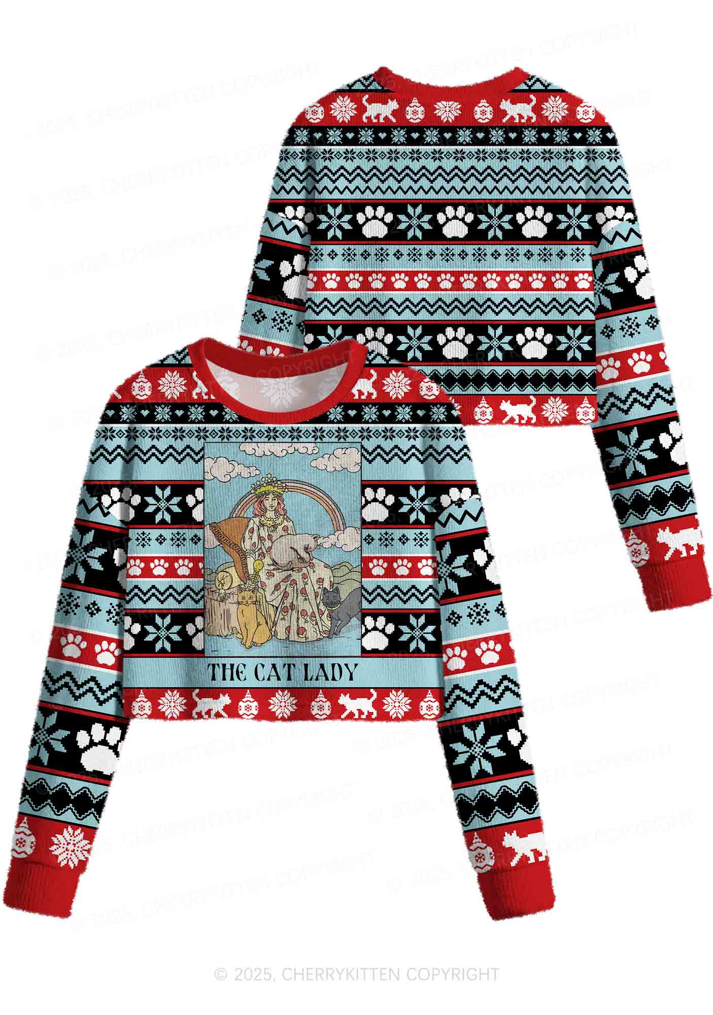 The Cat Lady Y2K Christmas Crop Knit Sweatshirt Cherrykitten