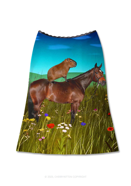 Horseback Capybara Y2K Print Midi Skirt Cherrykitten