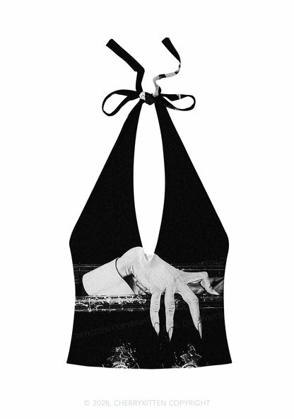 Halloween Black Vampire Claw Y2K Print Halter Deep V Neck Cami Cherrykitten