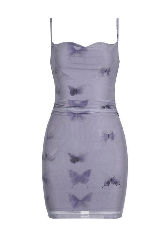 Y2K Purple Butterfly Print Mesh Slip Dress Cherrykitten