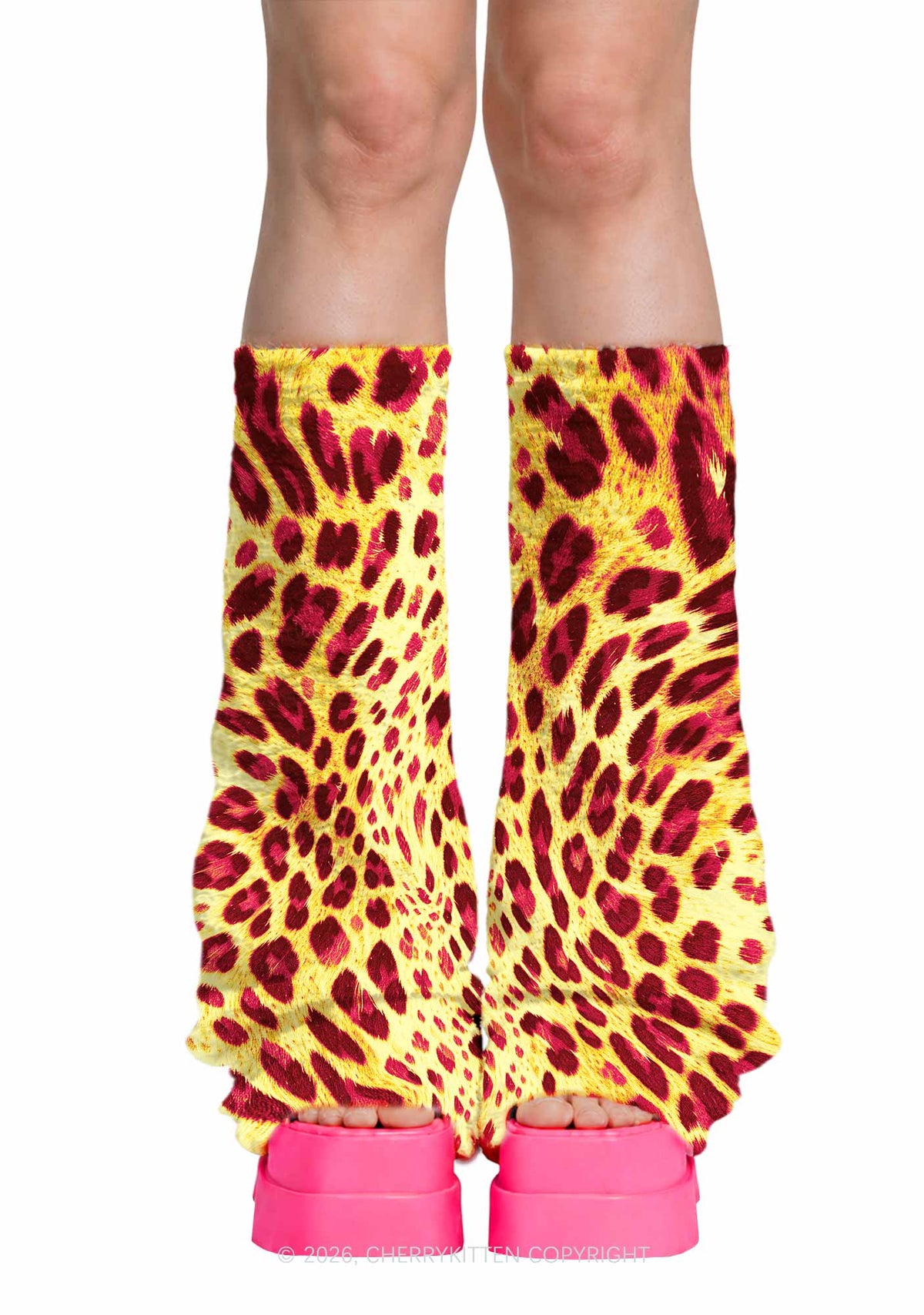 Yellow And Burgundy Leopard Y2K Print Fuzzy Flared Leg Warmers Cherrykitten