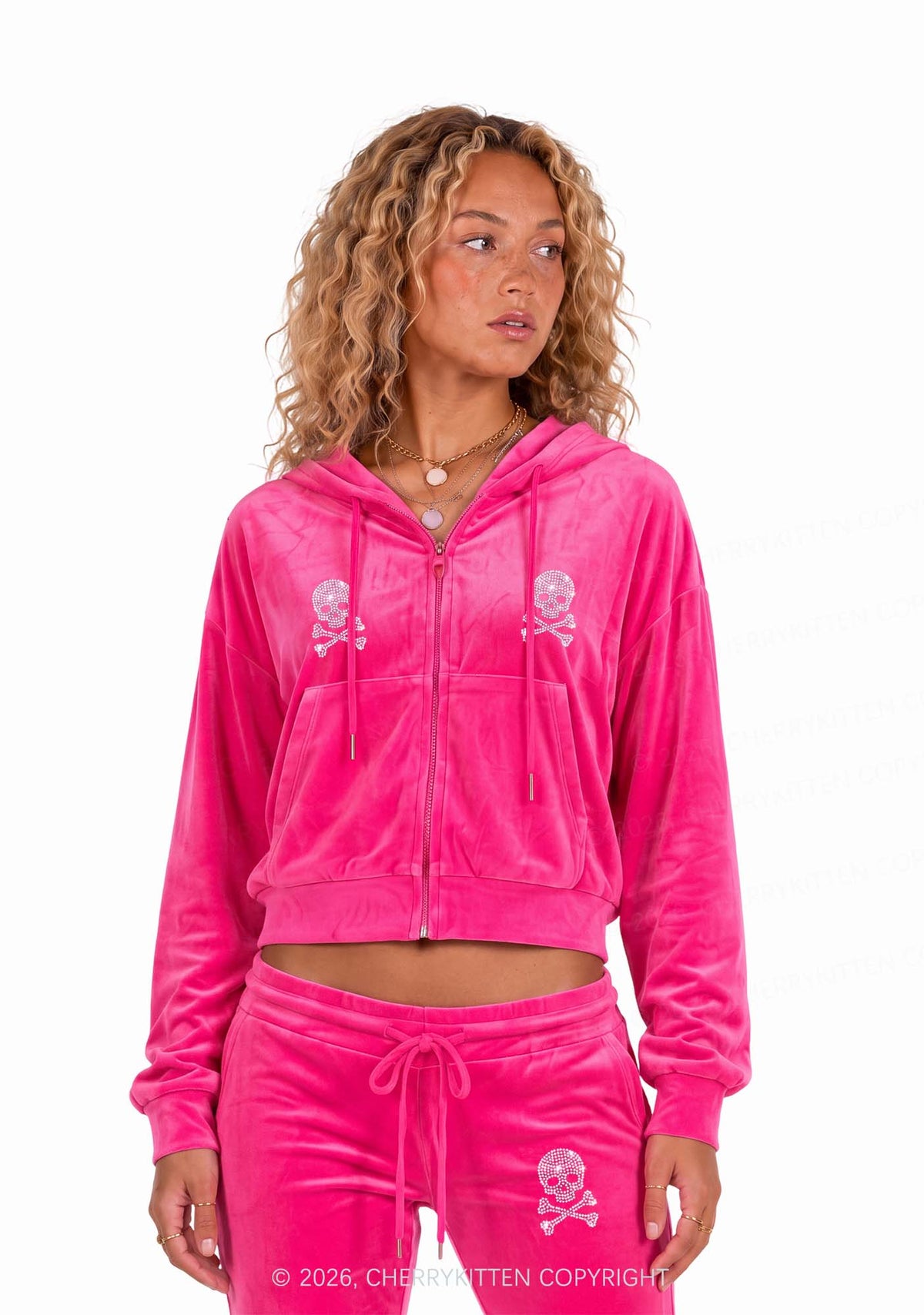 Rhinestone Silver Skull Y2K Velvet Tracksuit Set Cherrykitten