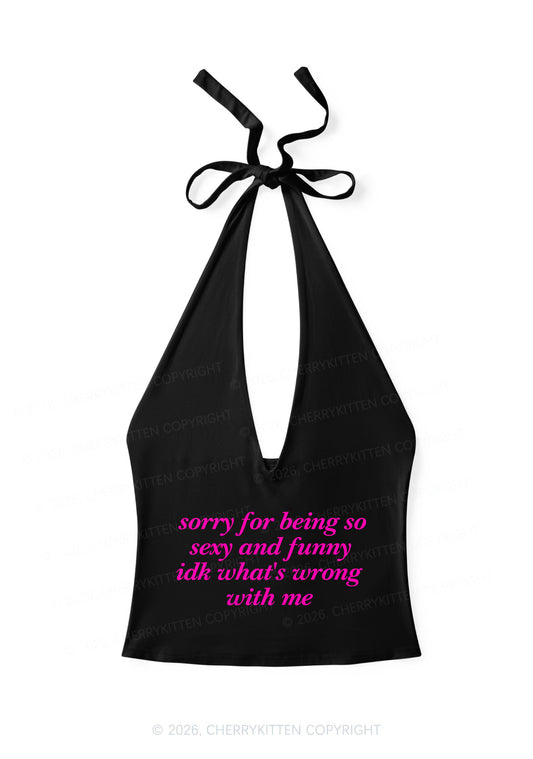 Sorry For Being So Funny Y2K Halter Deep V Neck Cami Cherrykitten