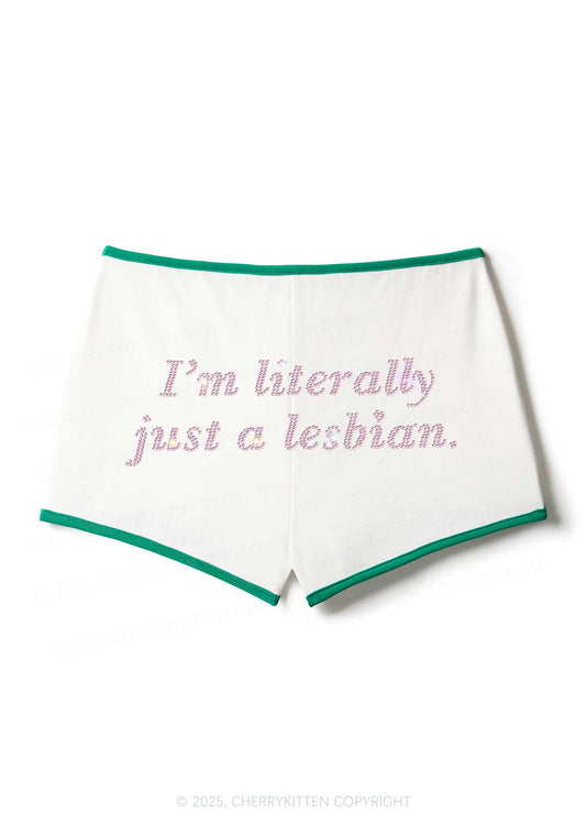 Rhinestone Literally Just A Lesbian Pride Y2K Booty Shorts Cherrykitten