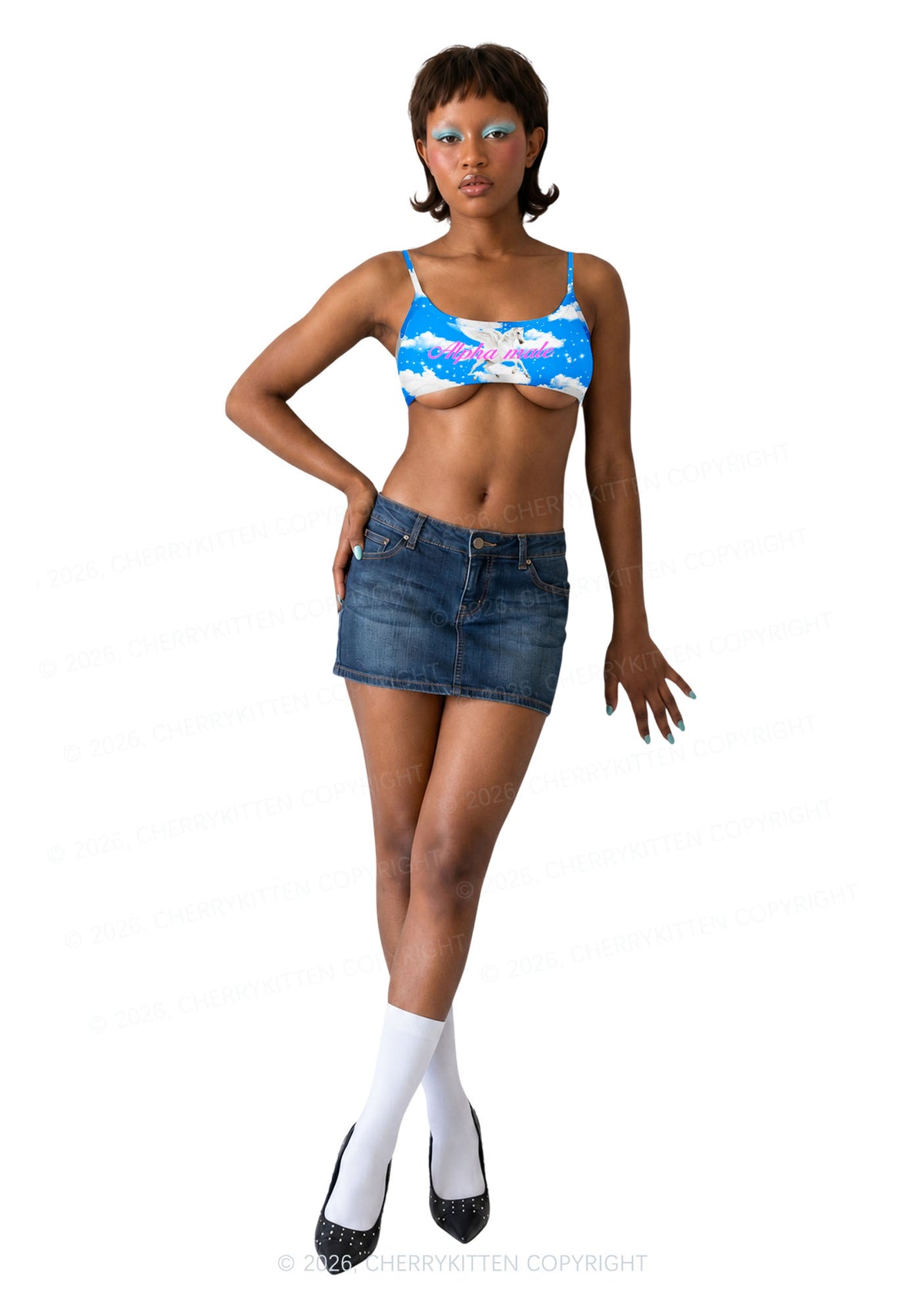 Blue Sky Alpha Male Unicorn Y2K Print Super Crop Cami Cherrykitten