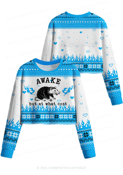 Blue Awake But What Cost Y2K Christmas Crop Knit Sweatshirt Cherrykitten