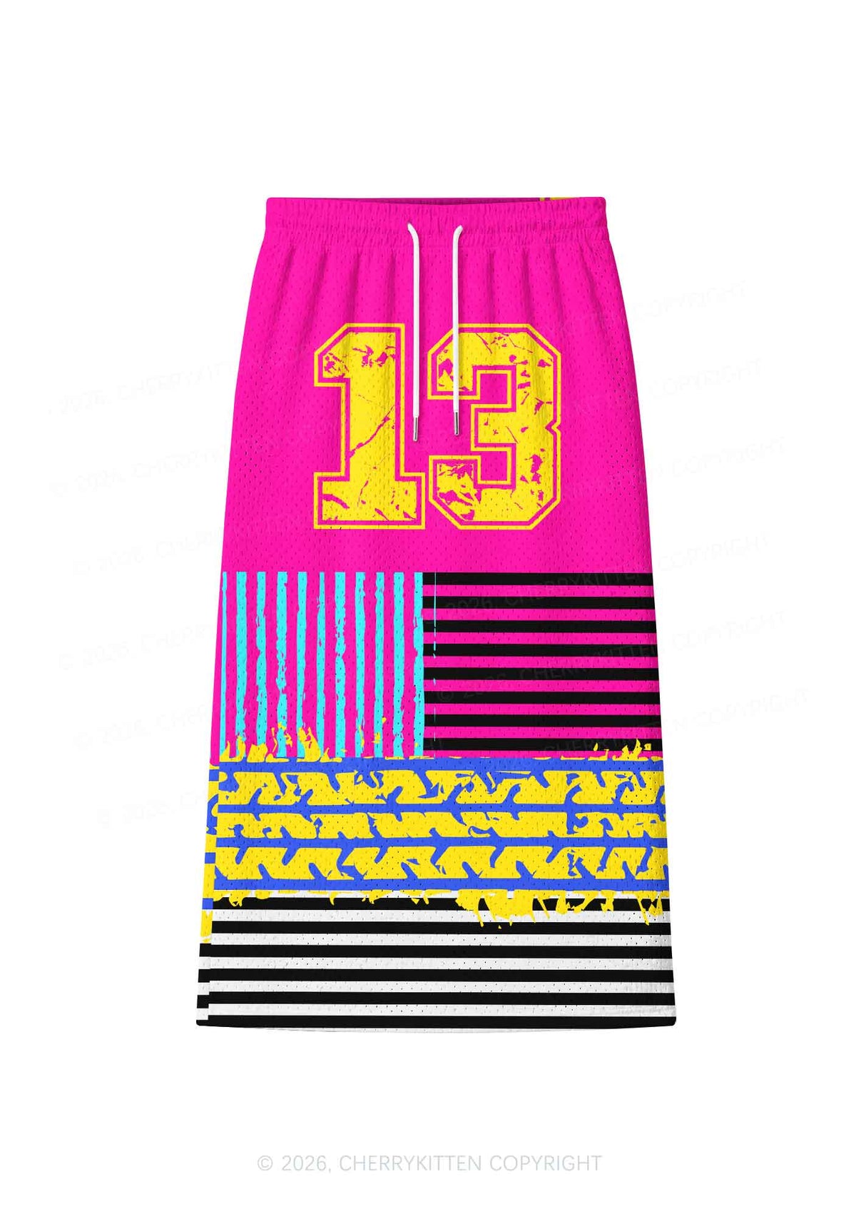 Stripes On Hot Pink Y2K Sport Jersey Drawstring Midi Skirt Cherrykitten