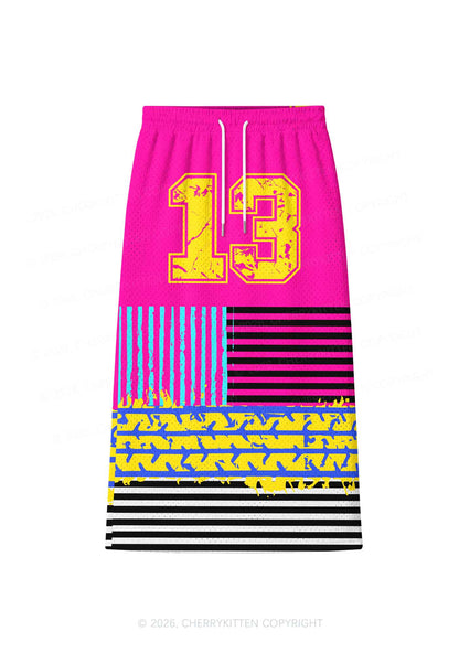 Stripes On Hot Pink Y2K Sport Jersey Drawstring Midi Skirt Cherrykitten