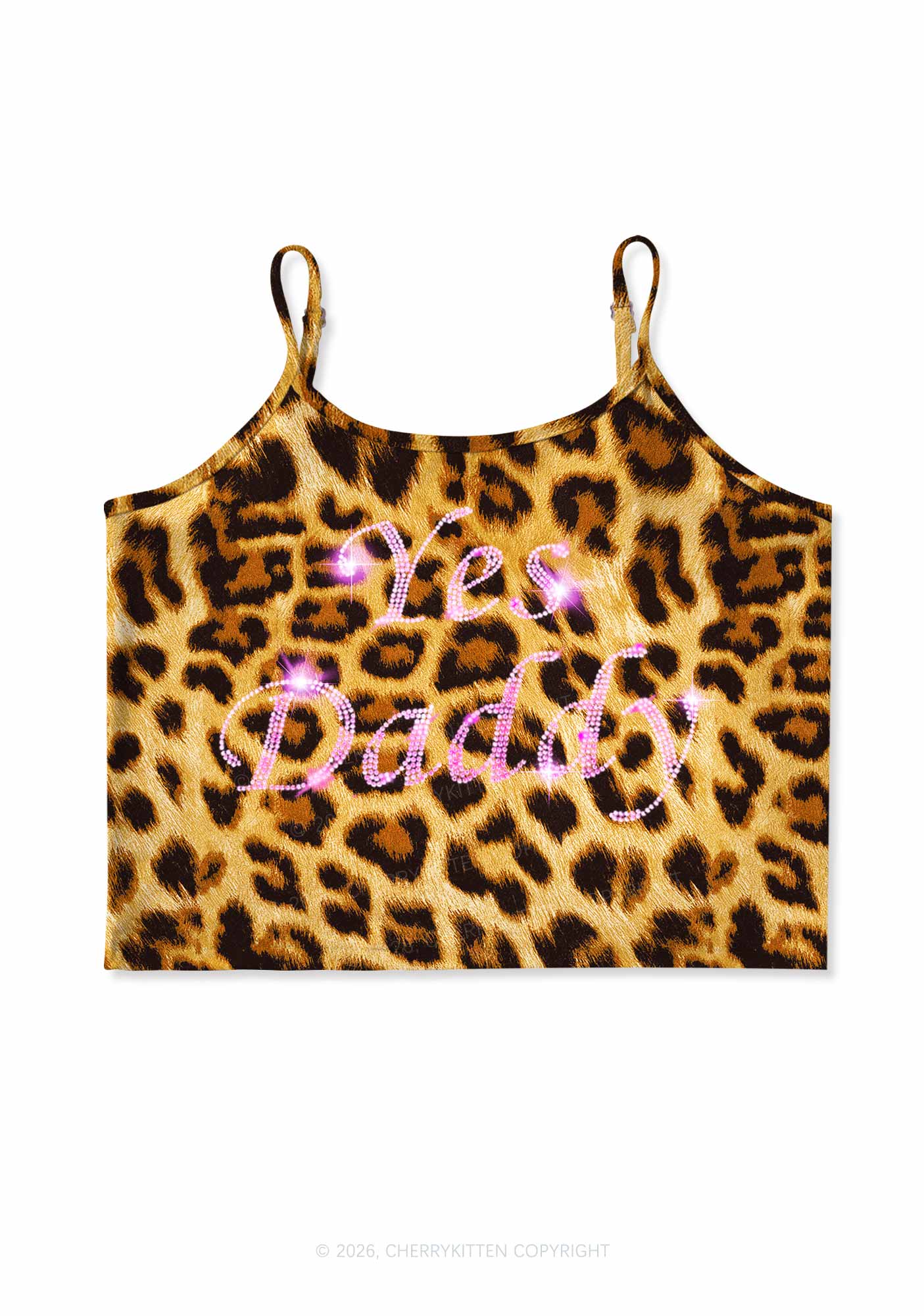 Rhinestone Yes Daddy Y2K Brown Leopard Print Cami Crop Top Cherrykitten