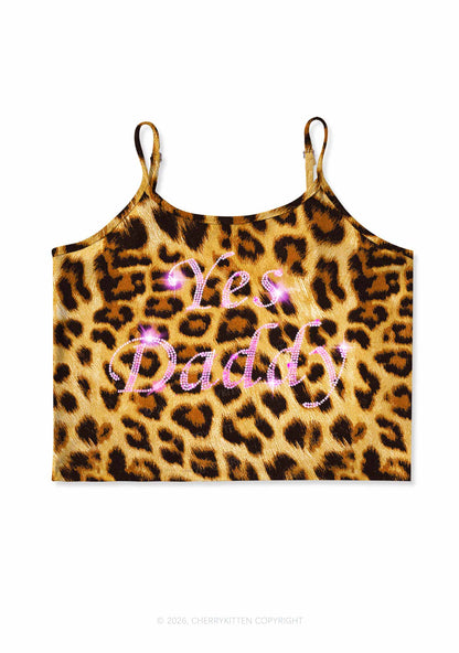 Rhinestone Yes Daddy Y2K Brown Leopard Print Cami Crop Top Cherrykitten