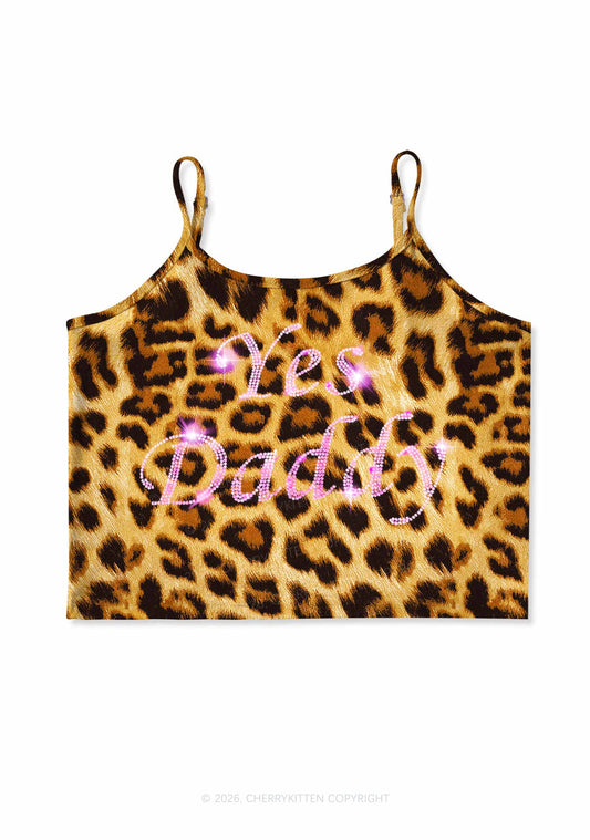 Rhinestone Yes Daddy Y2K Brown Leopard Print Cami Crop Top Cherrykitten