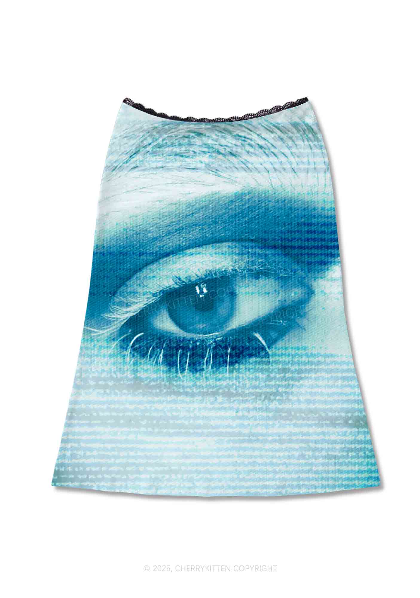 Halloween Tech Blue Eye Y2K Print Midi Skirt Cherrykitten