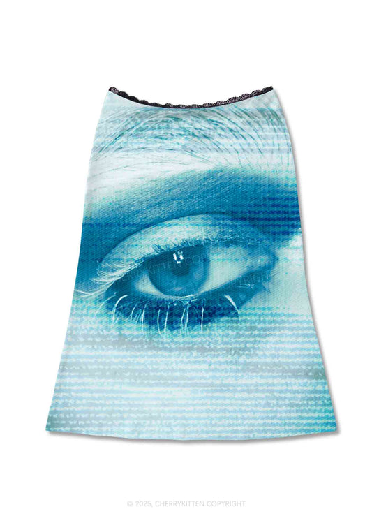 Halloween Tech Blue Eye Y2K Print Midi Skirt Cherrykitten