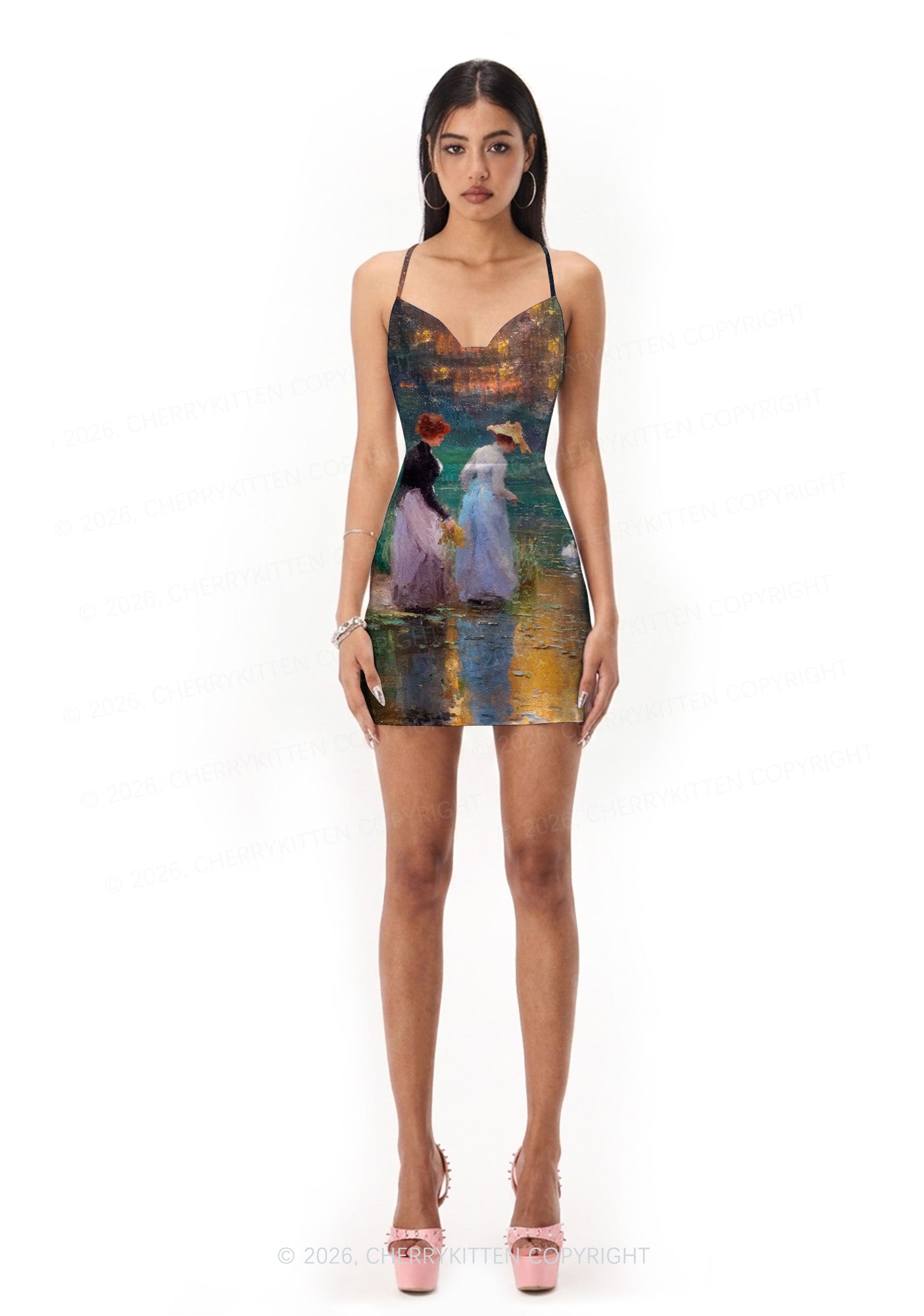 Sunset Pond Swans Pride Y2K Print Satin Cowl Neck Slip Dress Cherrykitten