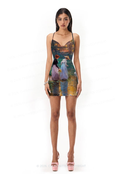 Sunset Pond Swans Pride Y2K Print Satin Cowl Neck Slip Dress Cherrykitten