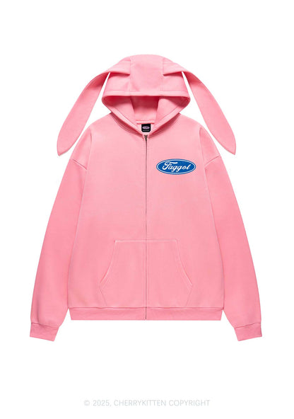 Faggot Pride Y2K Bunny Ear Zip Hoodie Cherrykitten