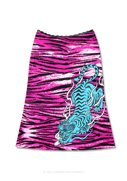 Blue Tiger Pink Zebra Stripe Y2K Print Midi Skirt Cherrykitten