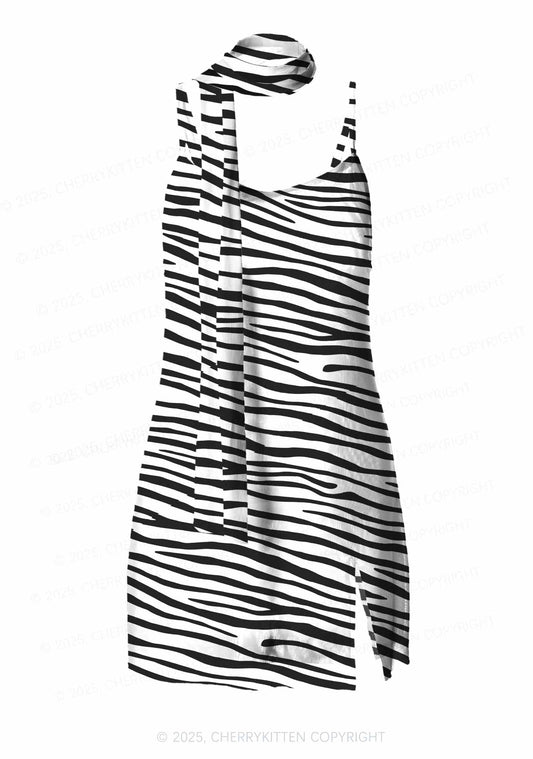 Zebra Pattern Y2K Mesh Slip Dress Cherrykitten