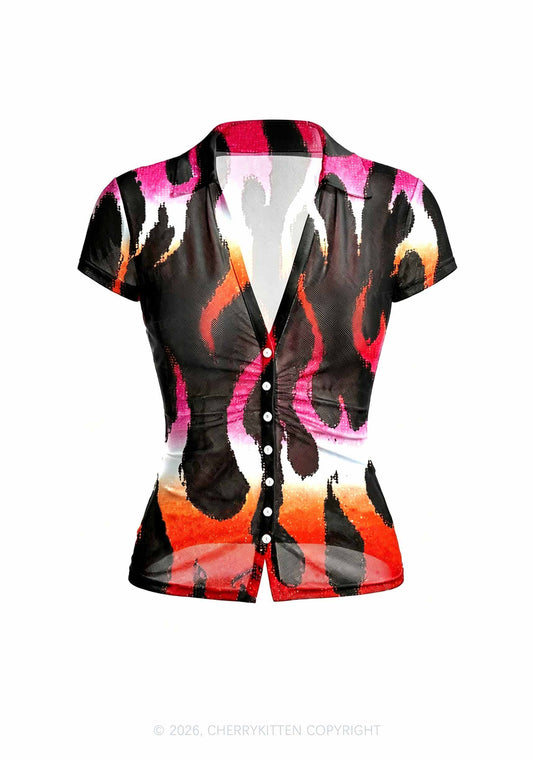 Lesbian Flame Pride Y2K Mesh Ruched  Waist  V Neck Top Cherrykitten
