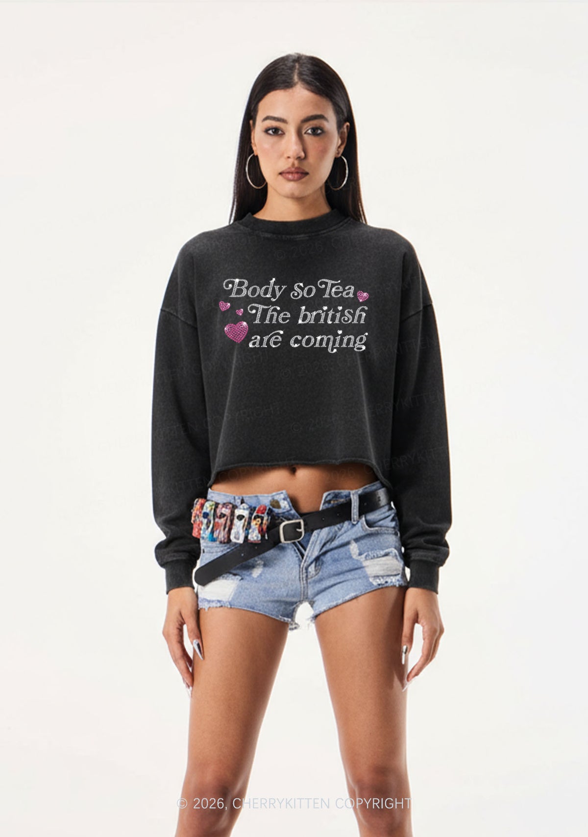 Rhinestone Body So Tea Y2K Crop Washed Sweatshirts Cherrykitten