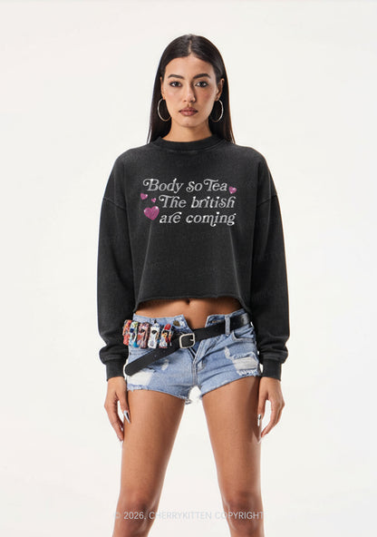 Rhinestone Body So Tea Y2K Crop Washed Sweatshirts Cherrykitten