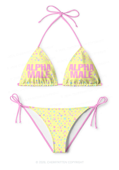 Pale Yellow Alpha Male Pride Y2K Print Bikini Set Cherrykitten
