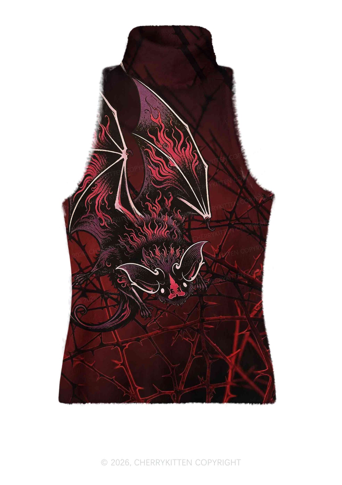 Halloween Flaming Bat Thorn Web Y2K Knit Turtleneck Tank Top Cherrykitten