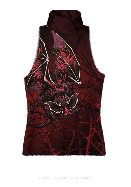 Halloween Flaming Bat Thorn Web Y2K Knit Turtleneck Tank Top Cherrykitten