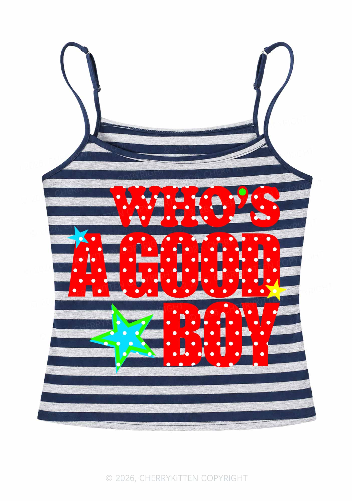 Whos A Good Boy Polka Dots Y2K Navy Grey Striped Spaghetti Strap Cami Cherrykitten