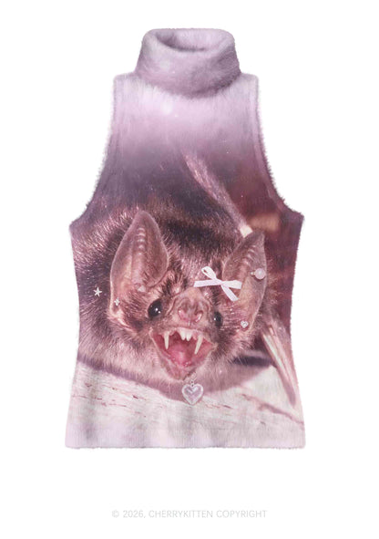 Halloween Pink Bow Bat Y2K Knit Turtleneck Tank Top Cherrykitten