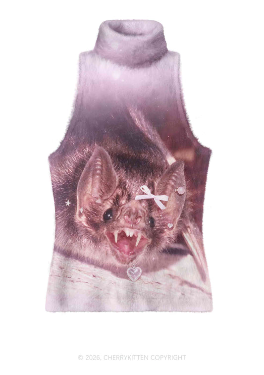 Halloween Pink Bow Bat Y2K Knit Turtleneck Tank Top Cherrykitten