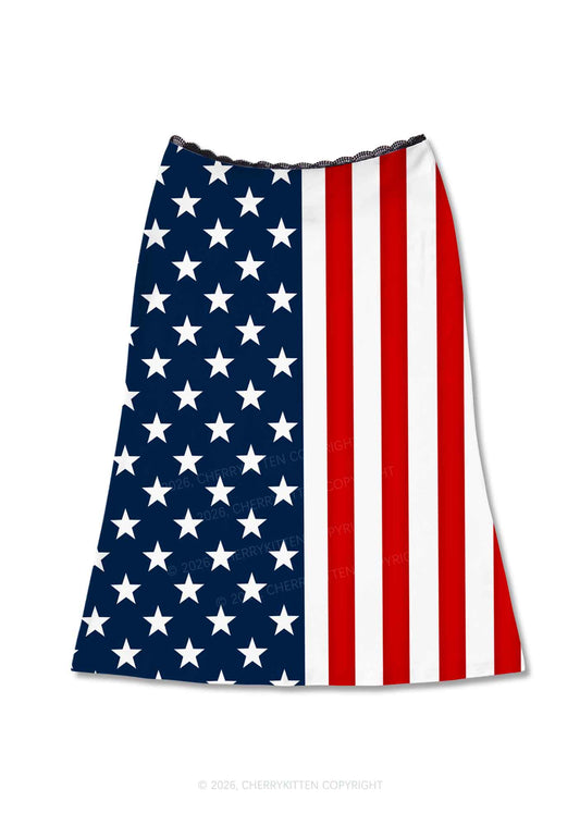 Navy Star Red White Stripe Y2K Print Midi Skirt Cherrykitten