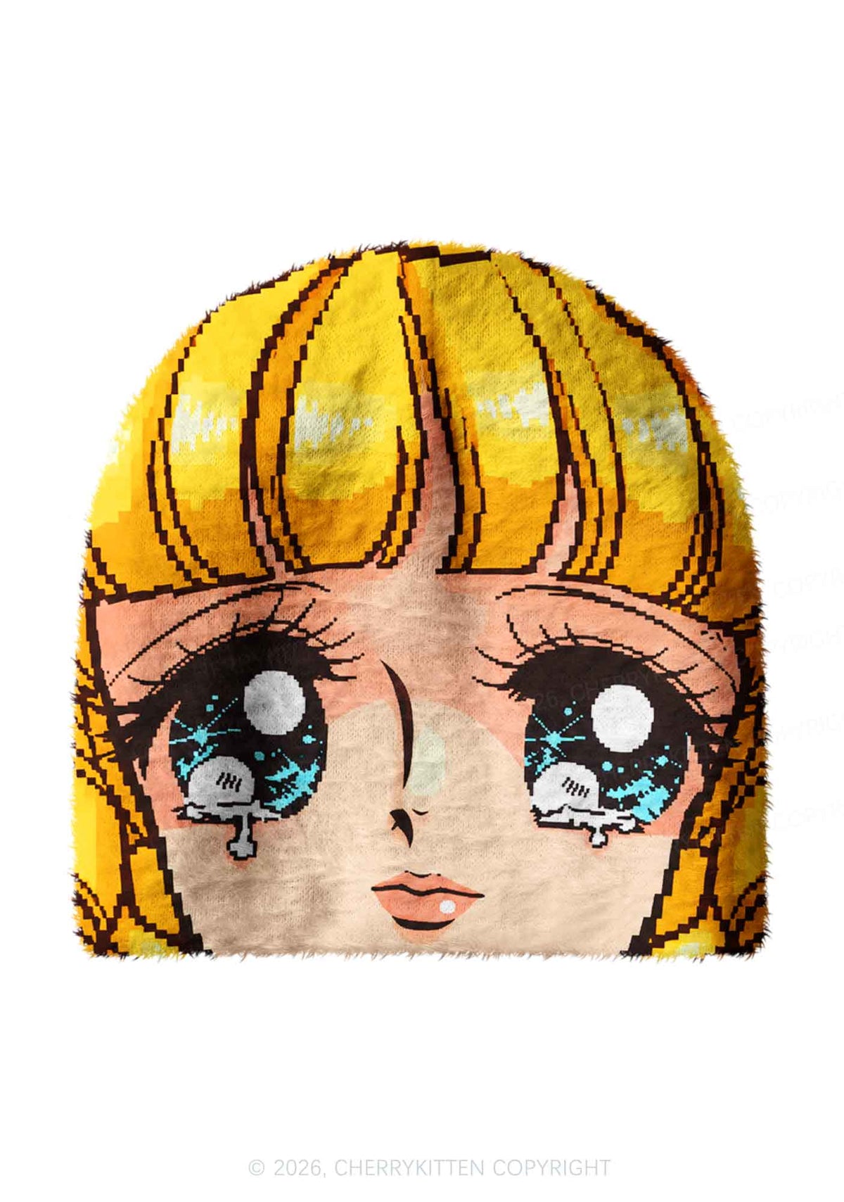 Anime Crying Girl Y2K Print Knit Beanie Cherrykitten