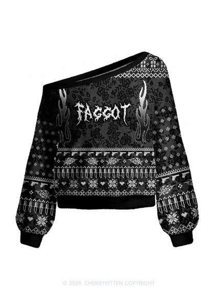 Punk Faggot Pride Y2K Off Shoulder Knit Sweatshirt Cherrykitten