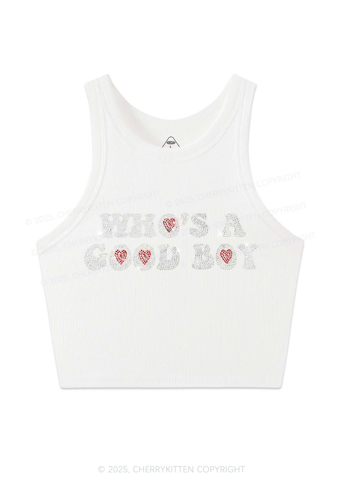 Rhinestone Whos A Good Boy Y2K Crop Tank Top Cherrykitten