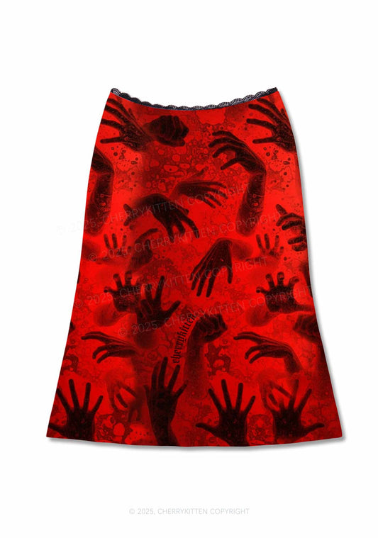 Halloween Red Hands Chaos Y2K Print Midi Skirt Cherrykitten