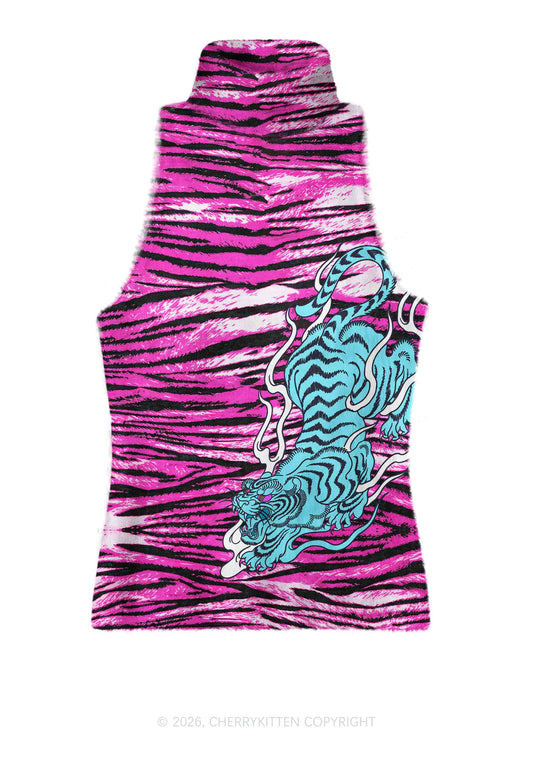 Blue Tiger Pink Zebra Stripe Y2K Knit Turtleneck Tank Top Cherrykitten