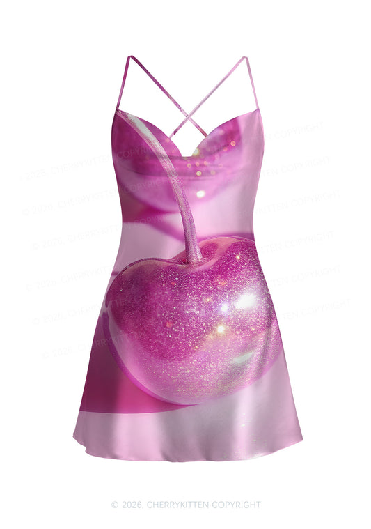 Glitter Pink Cherry Y2K Print Satin Cowl Neck Slip Dress Cherrykitten