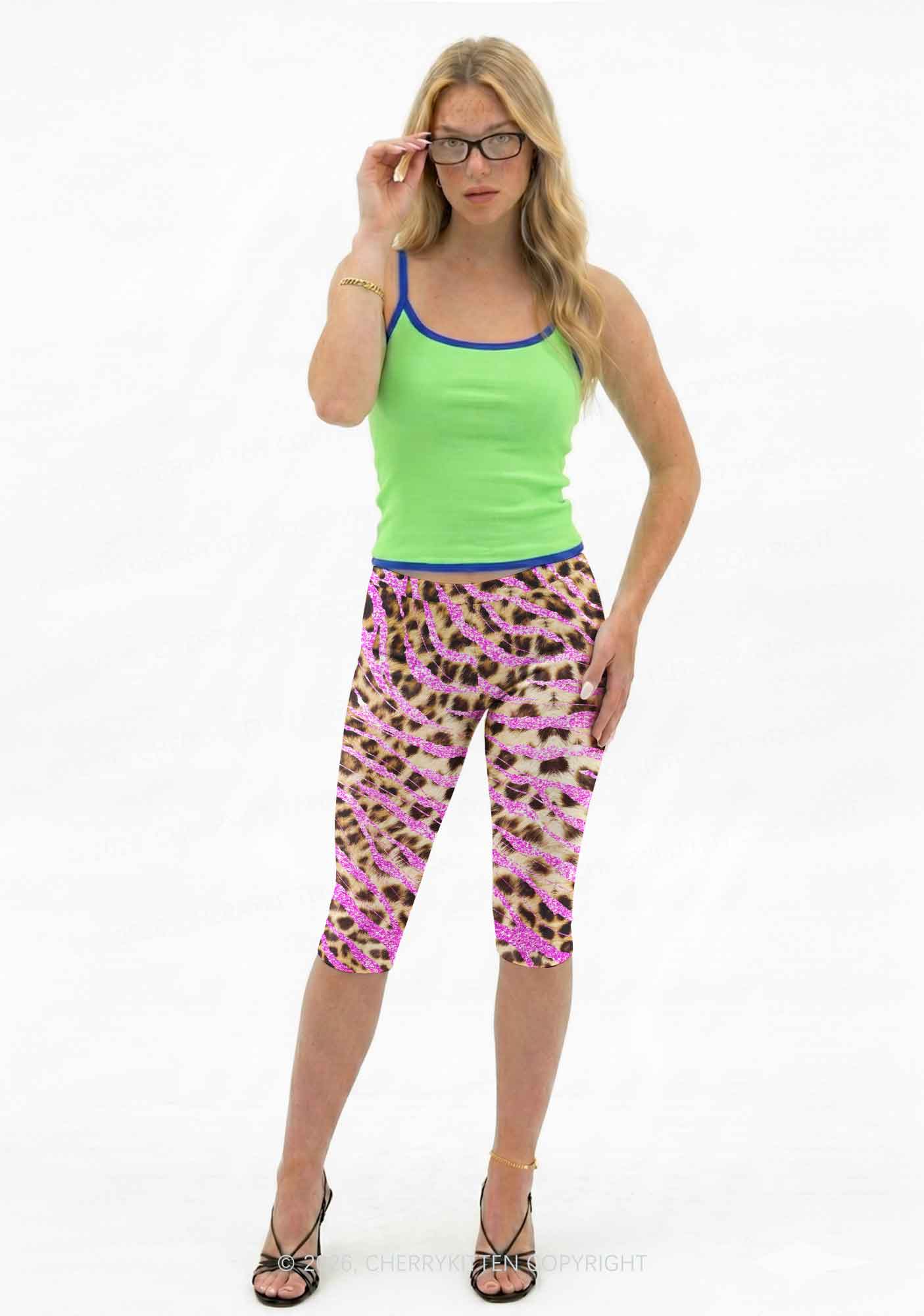 Sparkle Pink Leopard Y2K Print Capri Pants Cherrykitten