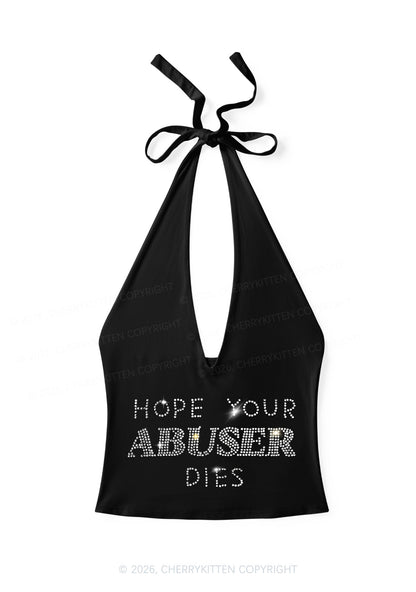 Rhinestone Abuser Dies Y2K Halter Deep V Neck Cami Cherrykitten