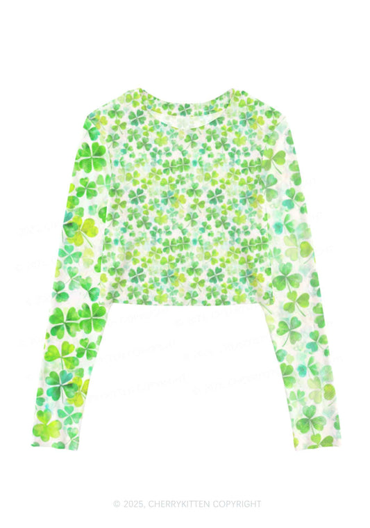 Green Shamrock Y2K Mesh Long Sleeve Crop Top Cherrykitten