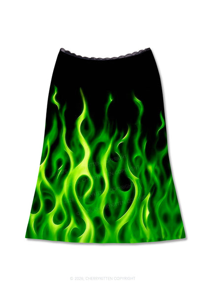 Neon Green Flame Y2K Print Midi Skirt Cherrykitten