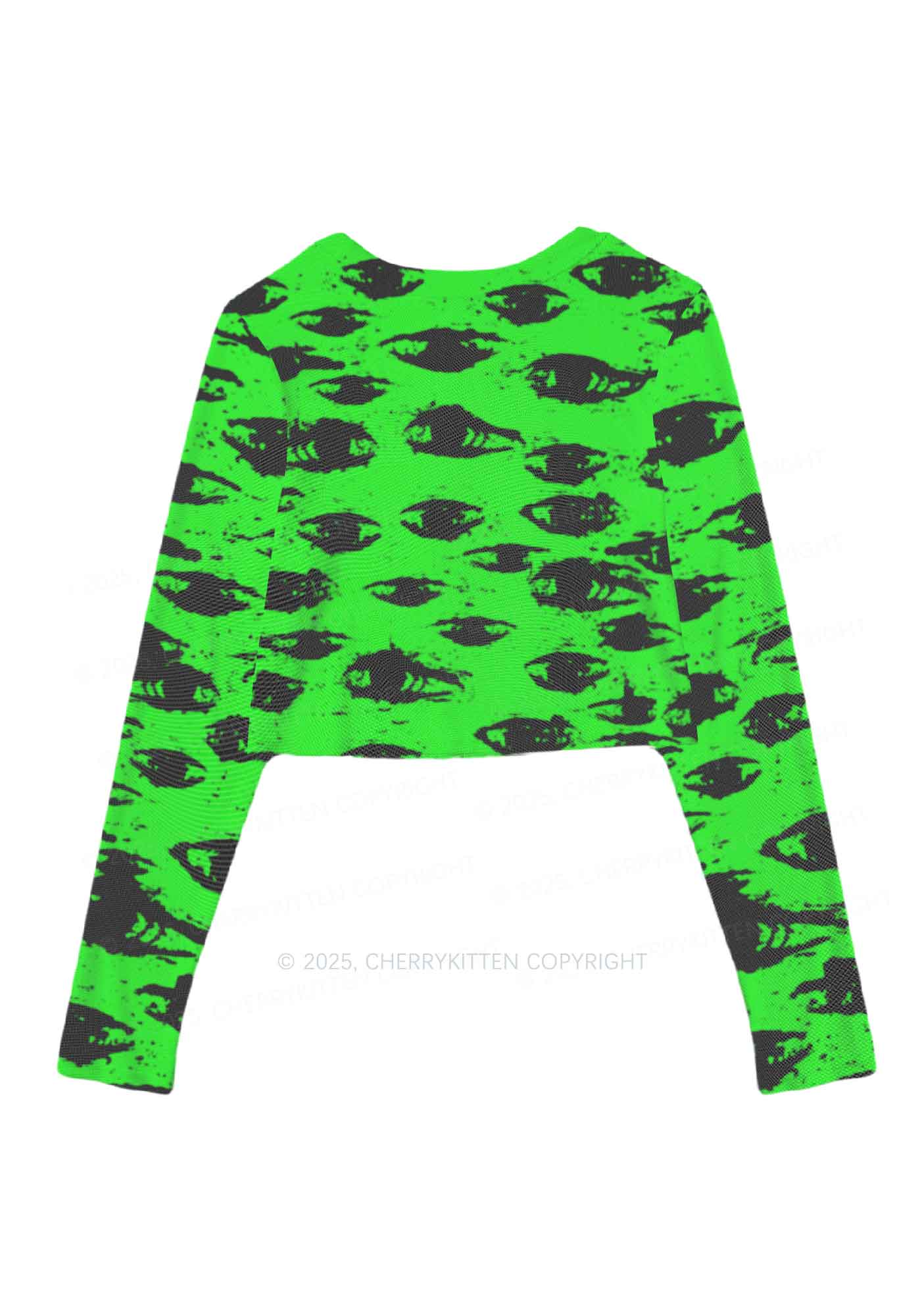 Eyes On Bright Green Y2K Mesh Long Sleeve Crop Top Cherrykitten